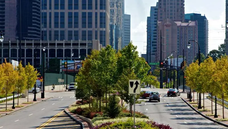 A street with trees and bushes on the side of it.