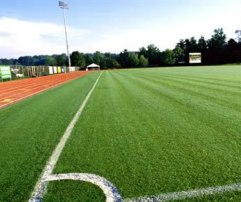 A soccer field with the goal post in the background.